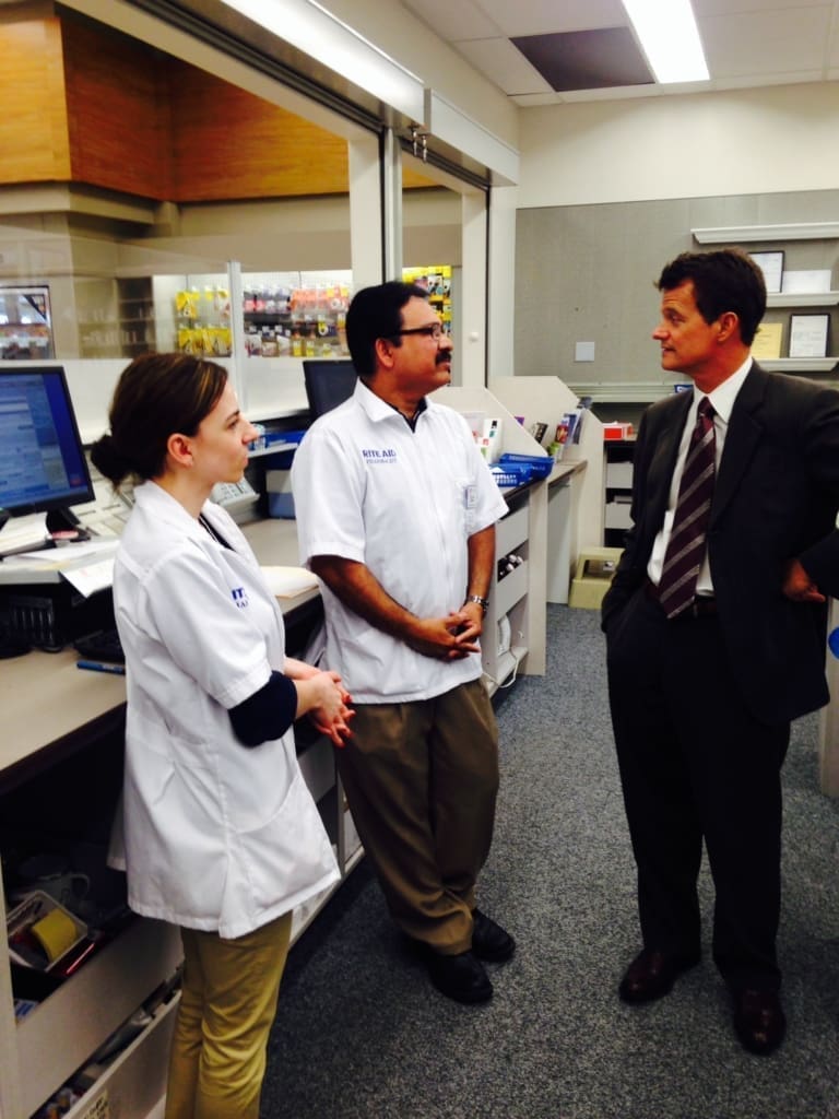 Rep. Dave Trott (R-MI), on an NACDS RxIMPACT pharmacy tour of a Rite Aid in Plymouth, Mich., told the pharmacy team it was his first time behind a pharmacy counter.