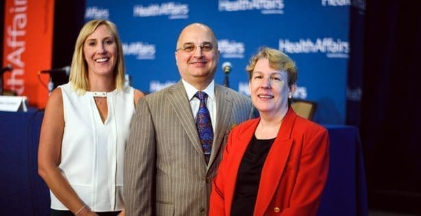 New research on the effects of prescription drugs on improved patient outcomes and reduced costs in the Medicaid program was published in Health Affairs this week. The study, coauthored by NACDS Senior Economist Laura Miller (right), M. Christopher Roebuck, president and CEO of RxEconomics LLC, (center), and J. Samantha Dougherty, senior director for policy and research at Pharmaceutical Research and Manufacturers of America, (left) was presented at a special briefing non-communicable diseases in Washington, D.C., on September 9. Photo: Health Affairs