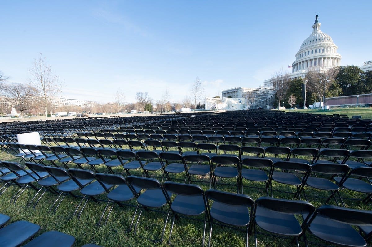 In preparation for the swearing in of President-elect Trump at the 58th inauguration ceremony on January 20, seats are being set out on the West Front of the U.S. Capitol.